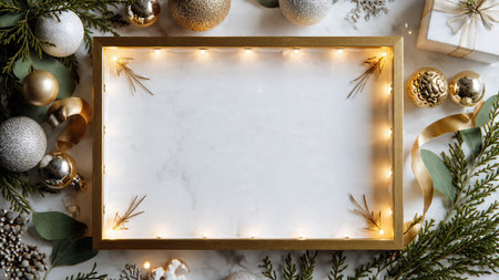 Luxurious gift-themed mockup featuring premium wrapping paper and golden accessories.の写真素材