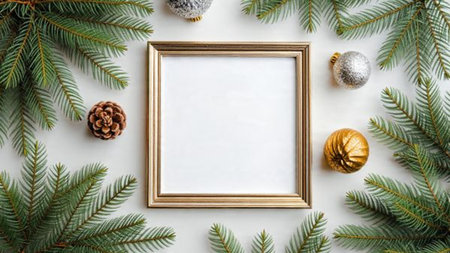 Clean editorial Christmas frame with orderly pine clusters and gold dの写真素材