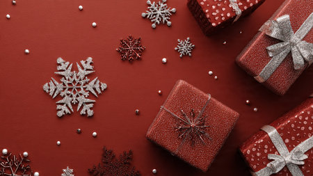Matte red top-view arrangement glowing with glitter snowflakes and premium wrapping paper.の写真素材