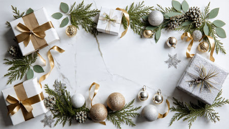 Elegant festive border using golden snowflakes and rich red background tones.の写真素材