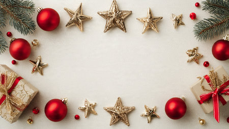 Classic Christmas border of gold stars and vibrant red ornaments framing perfectly wrapped presents.の写真素材