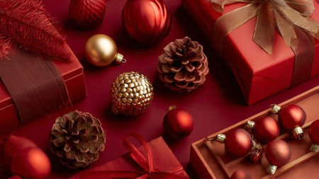 Vintage rustic design using textured red paper, old-style golden ornaments, and handmade presents.