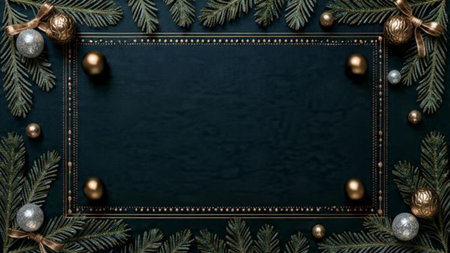 Minimal winter border with soft pine sprigs and matte silver baubles framing a white space.