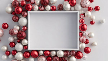 Clear frame-oriented holiday mockup with well-spaced ornaments and an open central region.