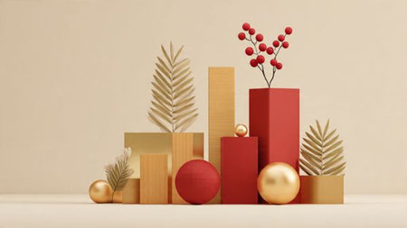 Modern holiday composition blending minimalism and red-and-gold accents.の写真素材