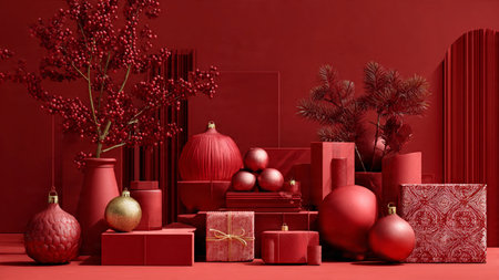 Modern red-and-gold minimal holiday aesthetic with refined simplicity.の写真素材