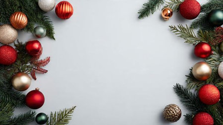 Rustic red-and-gold holiday scene with textured surfaces and handcrafted gift wrapping.の写真素材