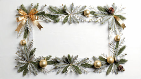 Decorative pine border with glittering gold details forming an elegant seasonal frame.の写真素材