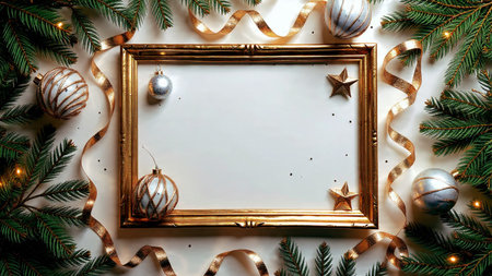 Soft-lit Christmas border with matte silver spheres and natural pinecones along a white background.の写真素材