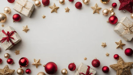 Monochrome red base enriched with gold ornament touches and modern minimalist gift styling.の写真素材