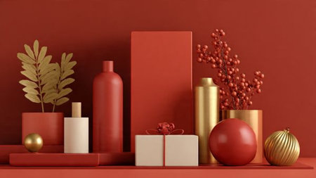 Modern festive layout melding red and gold tones with minimalist holiday dの写真素材