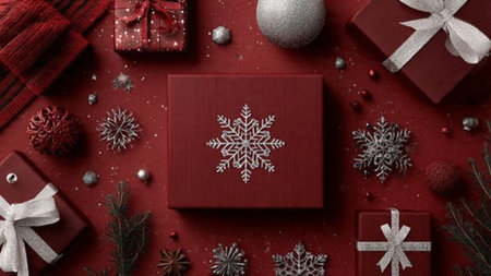 Top-view red holiday flat-lay with shimmering snowflakes and couture-style gift wrapping.