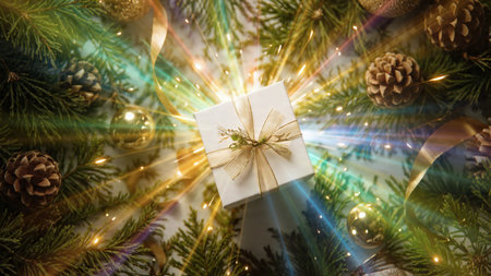 Classic festive border featuring shiny baubles and traditional striped gift wrapping.