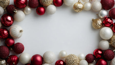 Retro festive scene with rugged red textures, tarnished gold ornaments, and rustic packaging ties.の写真素材