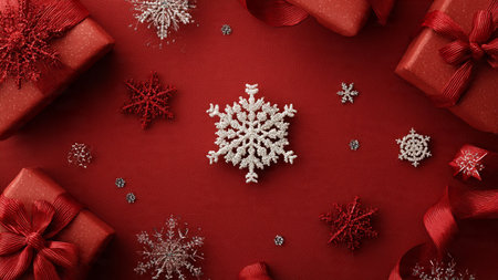 Monochrome red Christmas background with subtle golden accents and elegant minimal gifts.