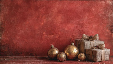 Rustic winter arrangement featuring rough red texture, aged gold pieces, and handmade gift wraps.