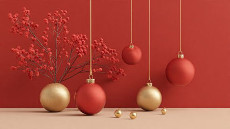 Rustic holiday design featuring textured red cloth and aged golden ornaments with twine-tied presents.の写真素材