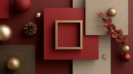 Classic Christmas border of gold stars and vibrant red ornaments framing perfectly wrapped presents.の写真素材