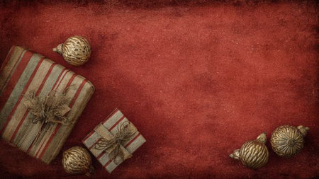 Traditional festive border filled with metallic gold stars, glossy red ornaments, and neat ribboned...