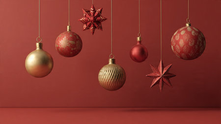 Cozy traditional Christmas frame mixing gold stars, red ornaments, and ribboned presents.の写真素材