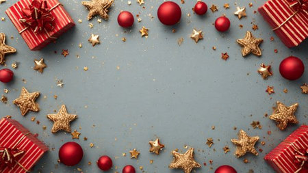 Old-fashioned yuletide setup with worn red textures and soft vintage gold pieces.