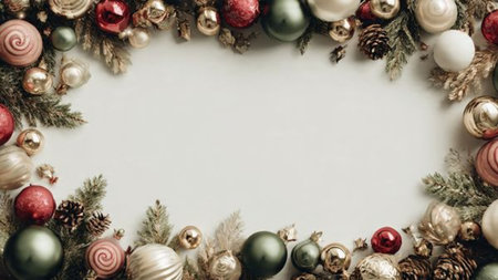 Warm vintage Christmas scene with faded red textures and antique-style decorations.の写真素材