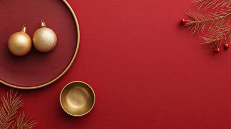 Monochrome red holiday design enhanced by soft minimal gold touches and clean gift wrapping.の写真素材