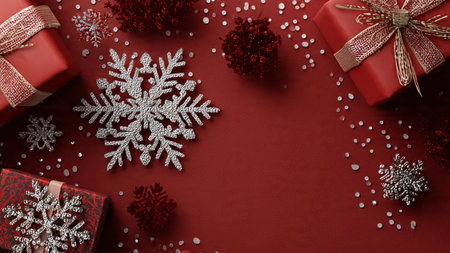 Golden stars and red holiday ornaments creating a classic Christmas frame around gifts.の写真素材