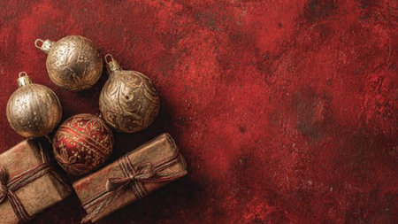 Warm traditional frame decorated with polished gold stars and vibrant red ornaments.