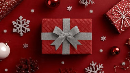 Minimal red-and-gold holiday layout showcasing smooth lines and refined decorative accents.