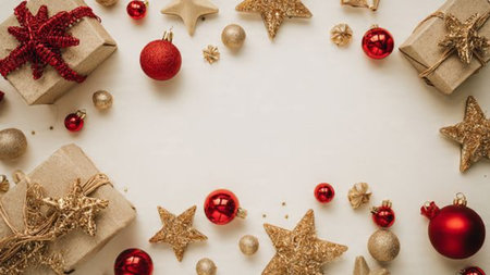 Red-focused arrangement accented lightly with golden ornaments and simple premium gifts.