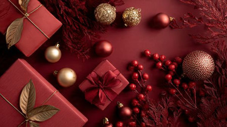 Traditional festive layout with metallic gold stars, bright red baubles, and ribbon-tied gift boxes.の写真素材
