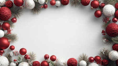 Premium red background decorated with glittering snowflakes and elegant festive boxes.の写真素材