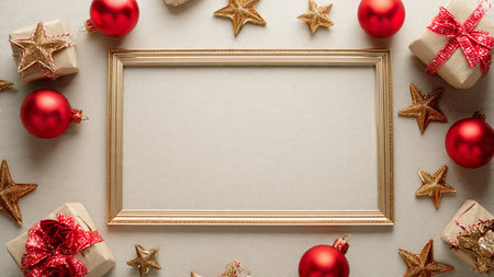 Premium Christmas top-view frame with handcrafted ornaments and luxury-style boxes.の写真素材