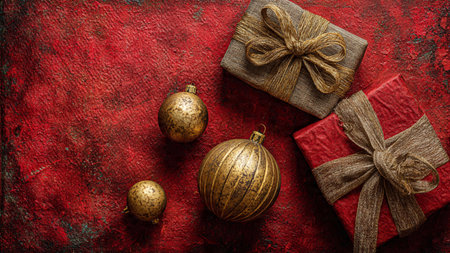 Flat-lay Christmas scene with matte red tones and shimmering snowflake embellishments.の写真素材