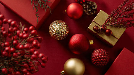 Timeless Christmas composition blending classic ornaments and luxurious holiday packaging.