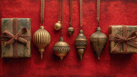 Classic Christmas border combining glowing gold stars, bright red baubles, and timeless wrapped gifts.の写真素材