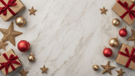 Rustic holiday design featuring textured red cloth and aged golden ornaments with twine-tied presents.の写真素材
