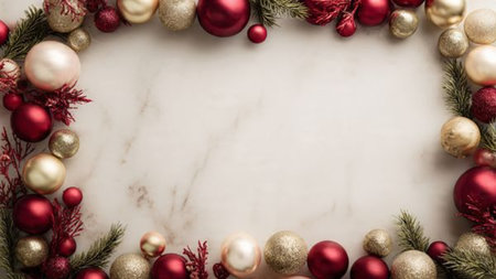 Shimmering gold stars and red decorations forming a classic Christmas border.の写真素材