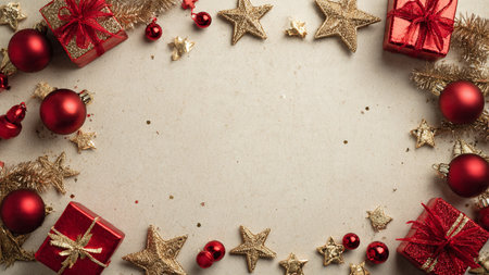 Winter mockup featuring matte red flat-lay, sparkling snowflakes, and luxurious gift packaging.