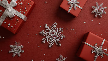 Red-focused festive layout enhanced with subtle golden ornament details.の写真素材