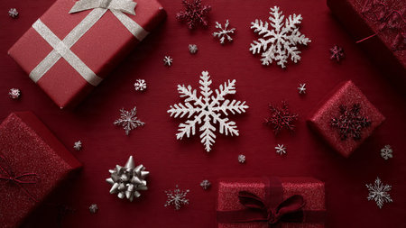 Deep red textured background paired with antique-style golden snowflakes.