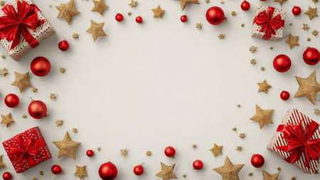 Commercial frame outline made from festive ornaments arranged neatly.