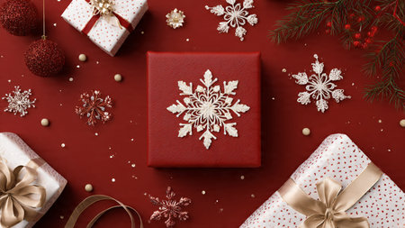 Monochrome red setup enhanced with minimal golden highlights and clean holiday packaging.