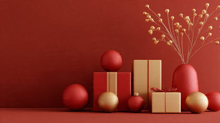 Minimal red-and-gold composition showcasing contemporary holiday elegance.