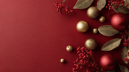 Snowflake-themed overhead scene with matte red tones and luxury-wrapped Christmas gifts.の写真素材