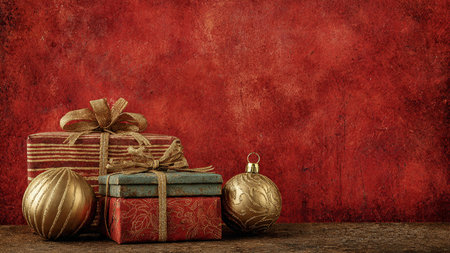Antique Christmas look combining textured red layers and weathered gold ornaments.