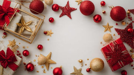 Classic Christmas display mixing shimmering gold stars and polished red baubles.