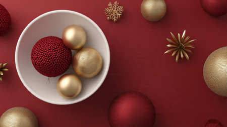 Vintage holiday look with textured red cloth, aged gold bulbs, and rustic twine-bound gifts.の写真素材