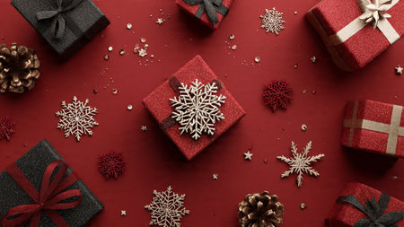 Border-style layout with rich red velvet background and elegant holiday decorations.の写真素材